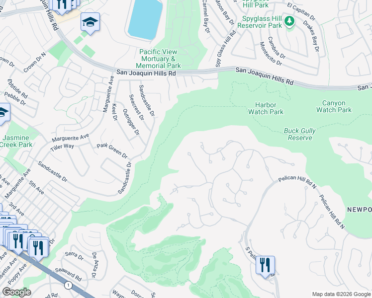 map of restaurants, bars, coffee shops, grocery stores, and more near 3 Rim Ridge in Newport Beach