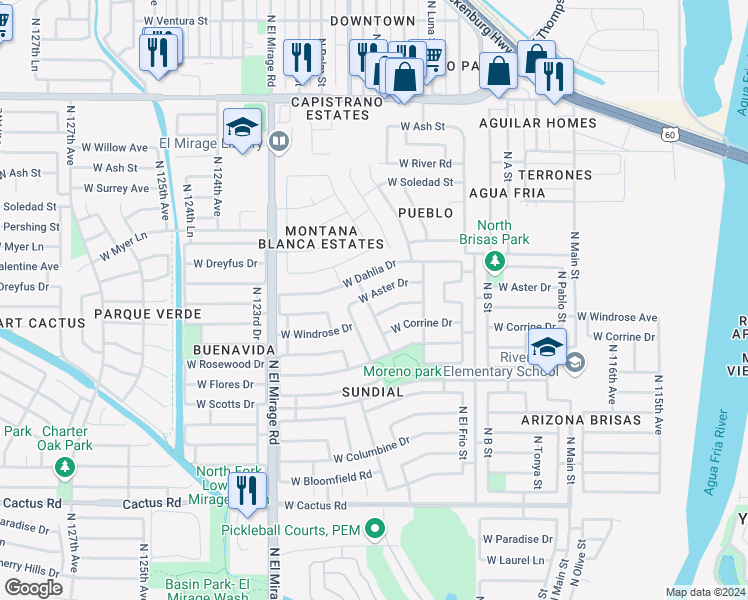 map of restaurants, bars, coffee shops, grocery stores, and more near 12053 West Aster Drive in El Mirage