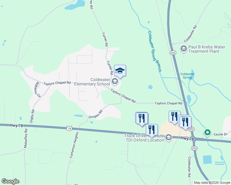 map of restaurants, bars, coffee shops, grocery stores, and more near 530 Taylors Chapel Road in Anniston
