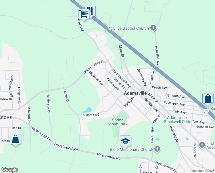 map of restaurants, bars, coffee shops, grocery stores, and more near 5224 Highland Avenue in Adamsville