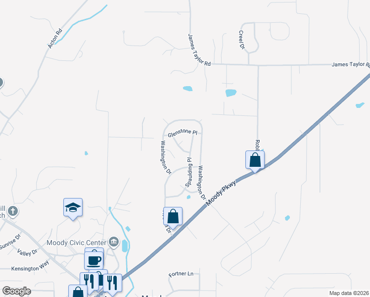 map of restaurants, bars, coffee shops, grocery stores, and more near 1008 Washington Court in Moody