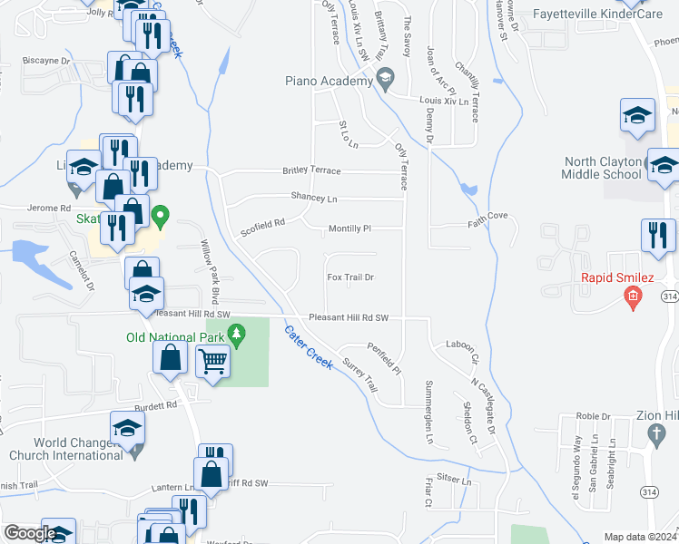 map of restaurants, bars, coffee shops, grocery stores, and more near 320 Fox Trail Drive in Atlanta
