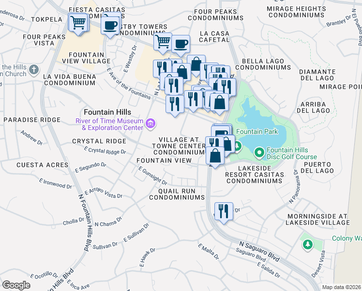 map of restaurants, bars, coffee shops, grocery stores, and more near 16800 East El Lago Boulevard in Fountain Hills