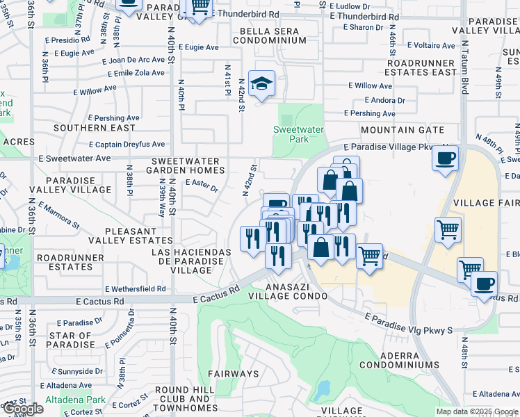 map of restaurants, bars, coffee shops, grocery stores, and more near 4225 East Windrose Drive in Phoenix
