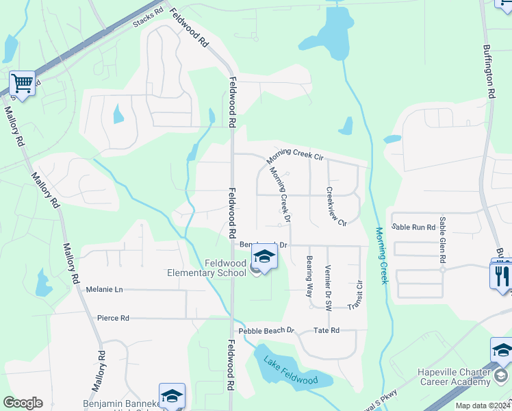 map of restaurants, bars, coffee shops, grocery stores, and more near 5625 Morning Creek Circle in Atlanta