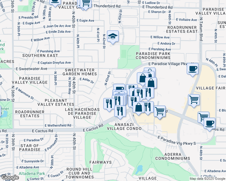 map of restaurants, bars, coffee shops, grocery stores, and more near 4225 East Windrose Drive in Phoenix