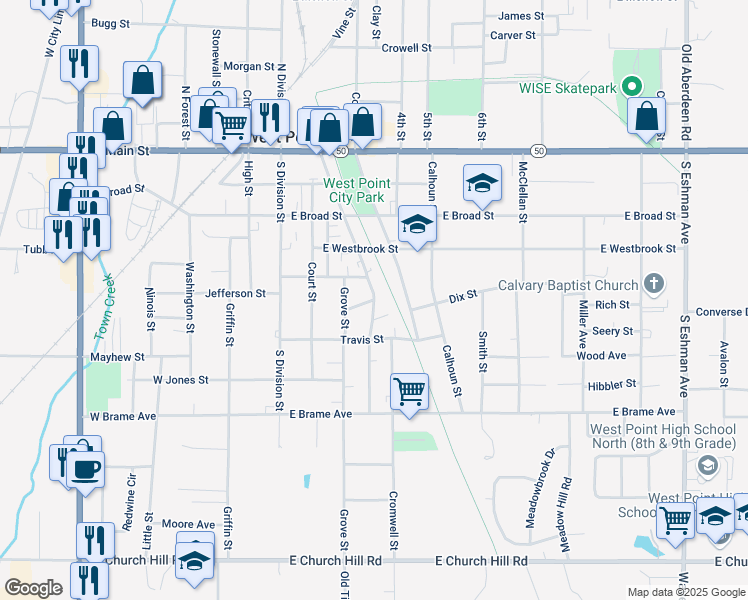 map of restaurants, bars, coffee shops, grocery stores, and more near Robinson St in West Point