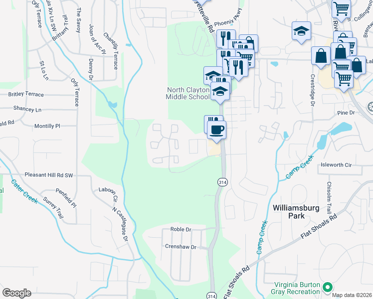 map of restaurants, bars, coffee shops, grocery stores, and more near 1740 Broad River Road in Atlanta