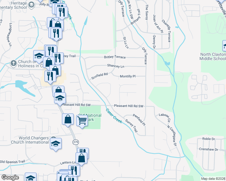 map of restaurants, bars, coffee shops, grocery stores, and more near 5730 Montilly Circle in Atlanta
