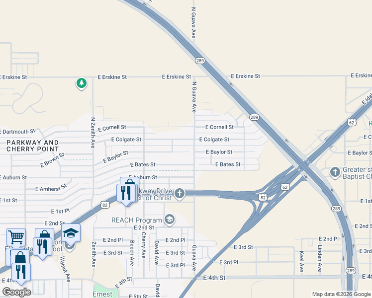 map of restaurants, bars, coffee shops, grocery stores, and more near 2934 E Baylor St in Lubbock