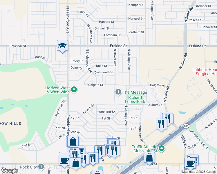 map of restaurants, bars, coffee shops, grocery stores, and more near 301 North Durham Avenue in Lubbock