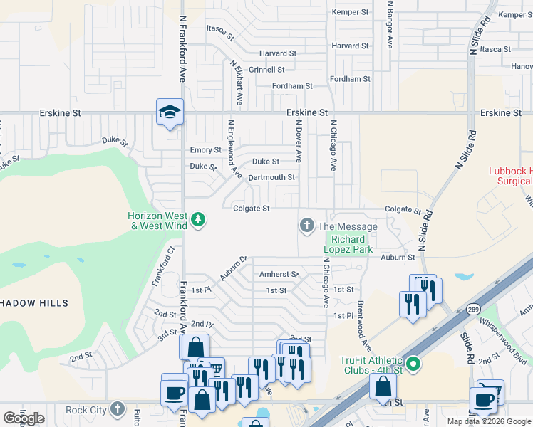 map of restaurants, bars, coffee shops, grocery stores, and more near 202 North Frankford Avenue in Lubbock