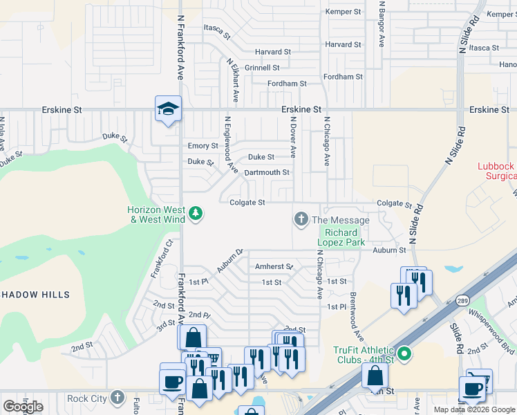 map of restaurants, bars, coffee shops, grocery stores, and more near 202 North Frankford Avenue in Lubbock
