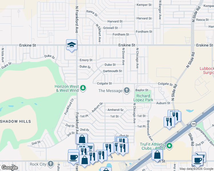 map of restaurants, bars, coffee shops, grocery stores, and more near 202 North Frankford Avenue in Lubbock