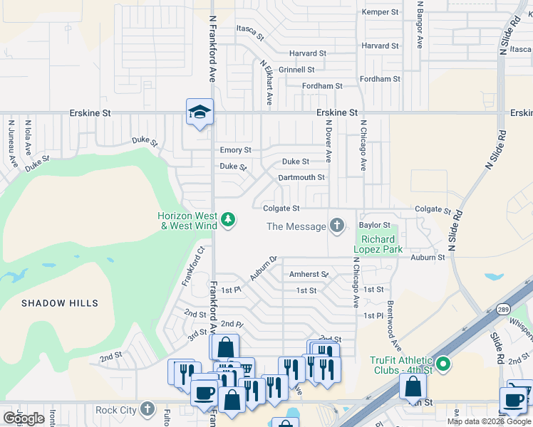 map of restaurants, bars, coffee shops, grocery stores, and more near 5710 Colgate Street in Lubbock