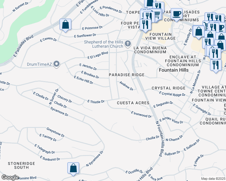map of restaurants, bars, coffee shops, grocery stores, and more near 12634 North Mimosa Drive in Fountain Hills