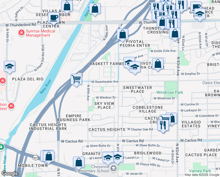 map of restaurants, bars, coffee shops, grocery stores, and more near 8794 West Aster Drive in Peoria