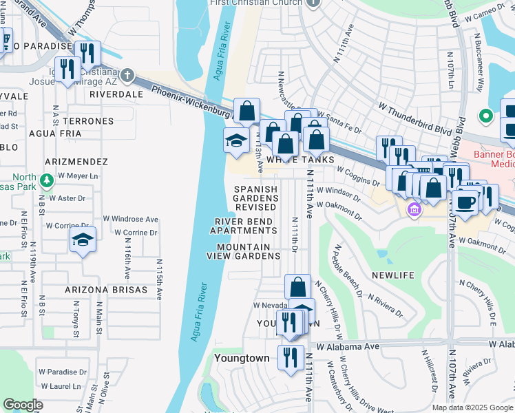 map of restaurants, bars, coffee shops, grocery stores, and more near 12828 North 113th Avenue in Youngtown
