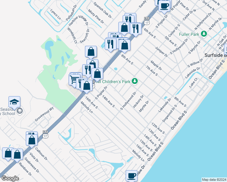 map of restaurants, bars, coffee shops, grocery stores, and more near 632 13th Avenue South in Surfside Beach