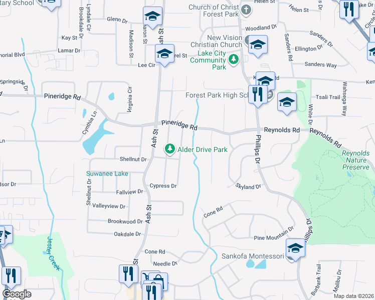map of restaurants, bars, coffee shops, grocery stores, and more near 5588 Cypress Drive in Forest Park