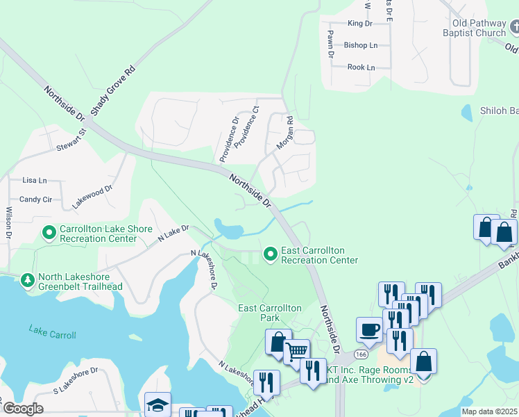 map of restaurants, bars, coffee shops, grocery stores, and more near 400 Northside Drive in Carrollton