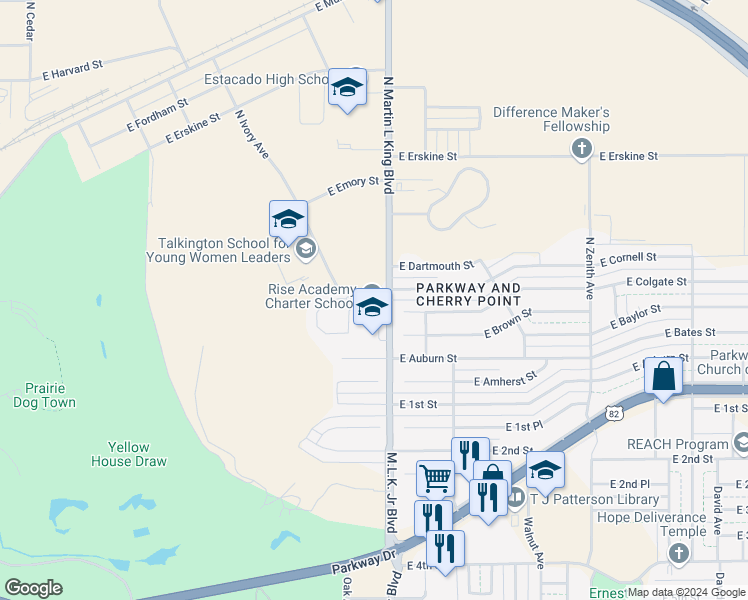 map of restaurants, bars, coffee shops, grocery stores, and more near 207 N Martin Luther King Blvd in Lubbock