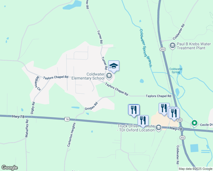 map of restaurants, bars, coffee shops, grocery stores, and more near 535 Taylors Chapel Road in Anniston