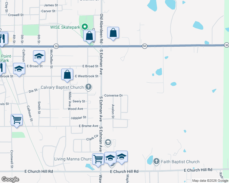 map of restaurants, bars, coffee shops, grocery stores, and more near Converse Drive in West Point
