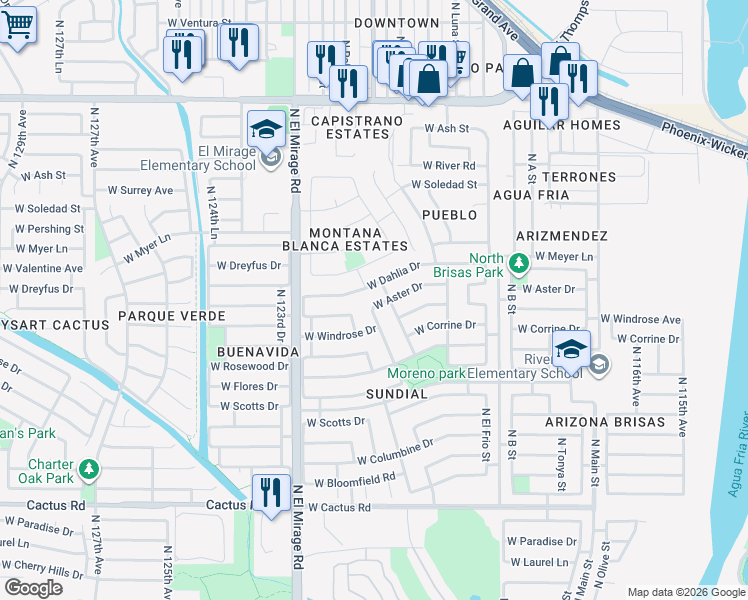 map of restaurants, bars, coffee shops, grocery stores, and more near 12926 North Palm Street in El Mirage