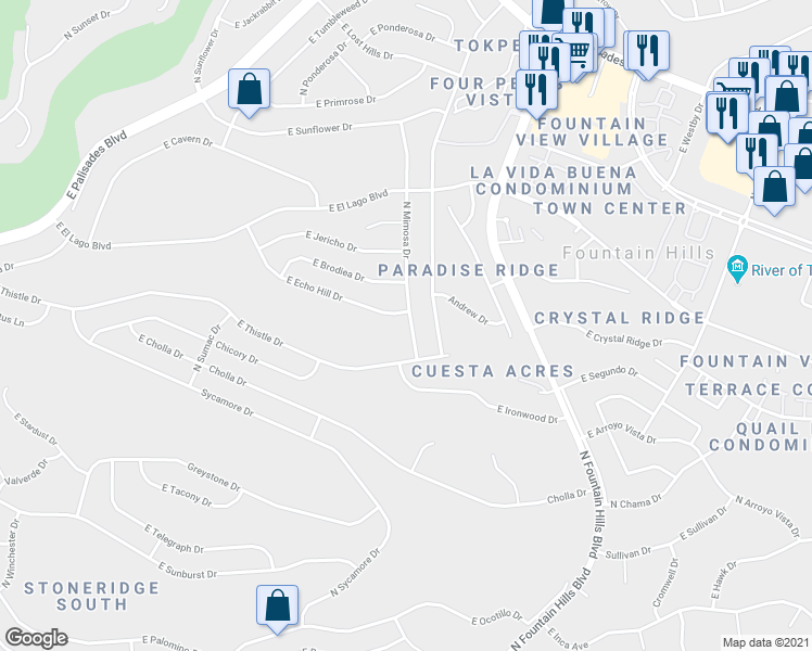 map of restaurants, bars, coffee shops, grocery stores, and more near 12634 North Mimosa Drive in Fountain Hills