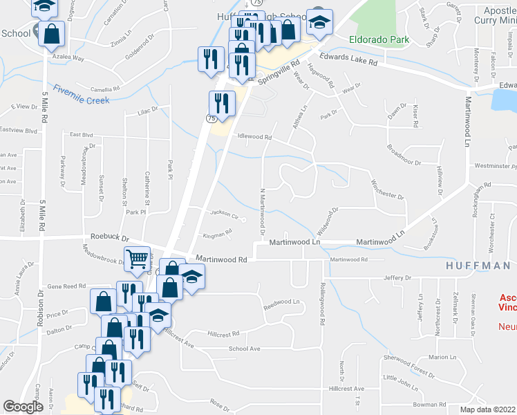 map of restaurants, bars, coffee shops, grocery stores, and more near 924 North Martinwood Drive in Birmingham