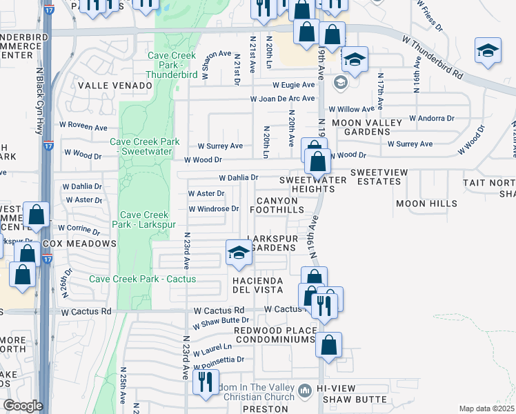map of restaurants, bars, coffee shops, grocery stores, and more near 12640 North 21st Avenue in Phoenix