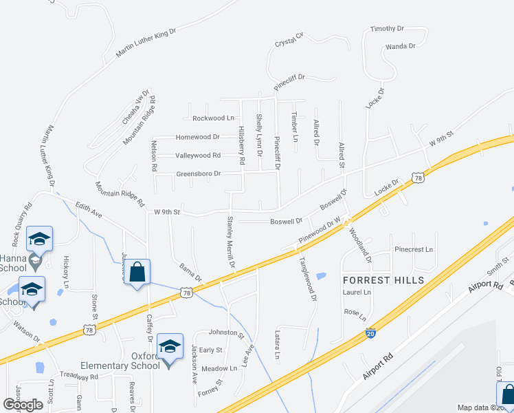 map of restaurants, bars, coffee shops, grocery stores, and more near 15 Garner Drive in Oxford