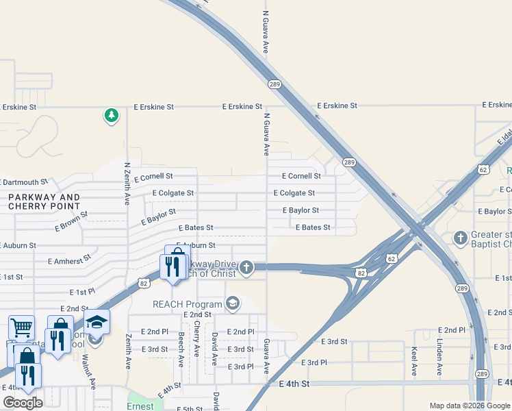 map of restaurants, bars, coffee shops, grocery stores, and more near 2934 E Baylor St in Lubbock