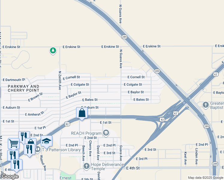 map of restaurants, bars, coffee shops, grocery stores, and more near 2934 E Baylor St in Lubbock