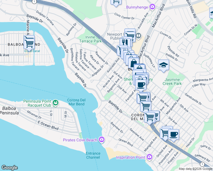map of restaurants, bars, coffee shops, grocery stores, and more near 420 Acacia Avenue in Newport Beach