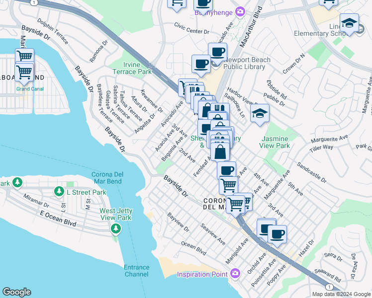 map of restaurants, bars, coffee shops, grocery stores, and more near 503 Carnation Avenue in Newport Beach
