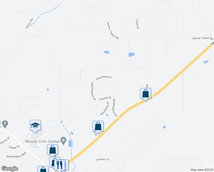 map of restaurants, bars, coffee shops, grocery stores, and more near 2307 Spaulding Place in Moody