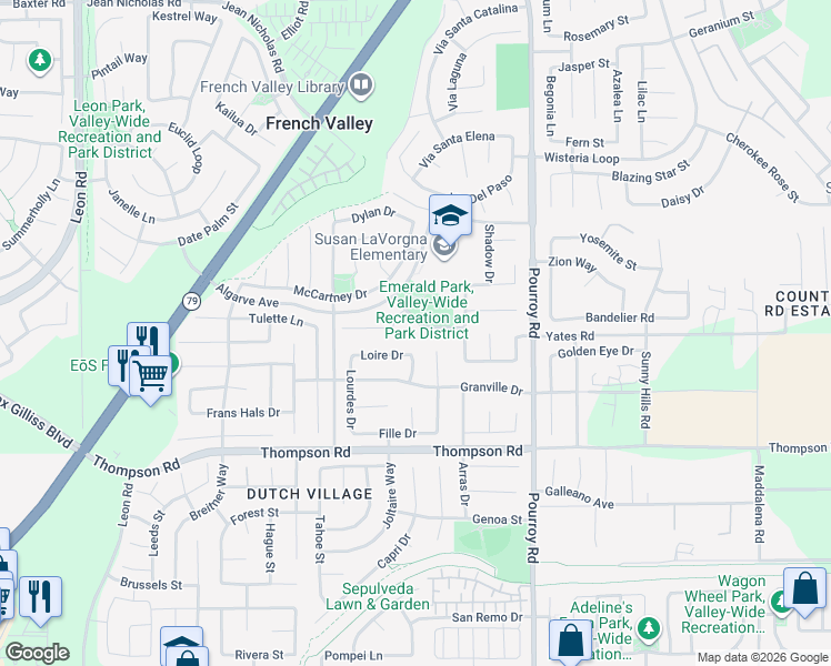 map of restaurants, bars, coffee shops, grocery stores, and more near 31751 Emerald Drive in Winchester