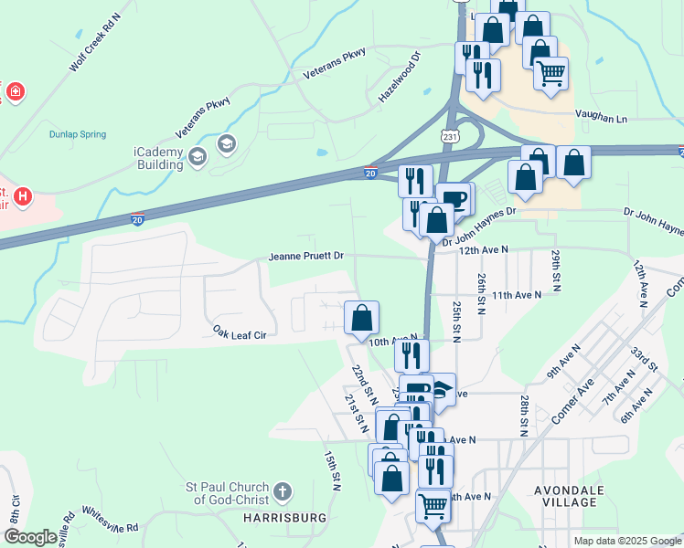 map of restaurants, bars, coffee shops, grocery stores, and more near 1175 23rd Street North in Pell City