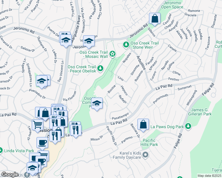 map of restaurants, bars, coffee shops, grocery stores, and more near 27541 Bocina in Mission Viejo