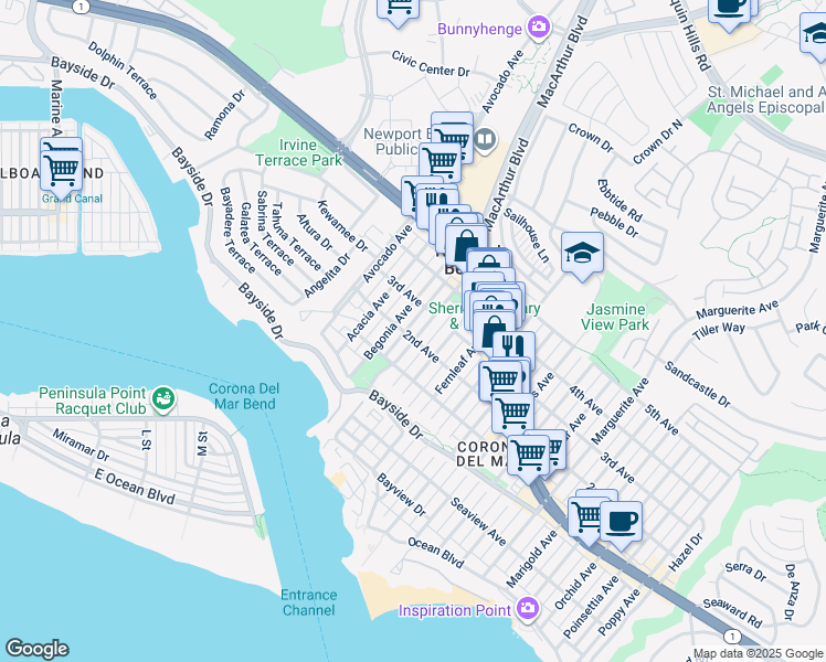 map of restaurants, bars, coffee shops, grocery stores, and more near 503 Carnation Avenue in Newport Beach