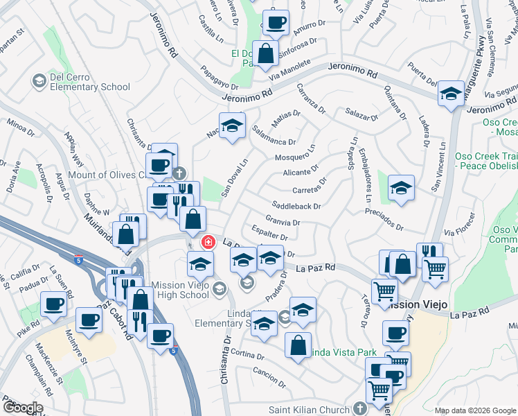map of restaurants, bars, coffee shops, grocery stores, and more near 26511 Granvia Drive in Mission Viejo
