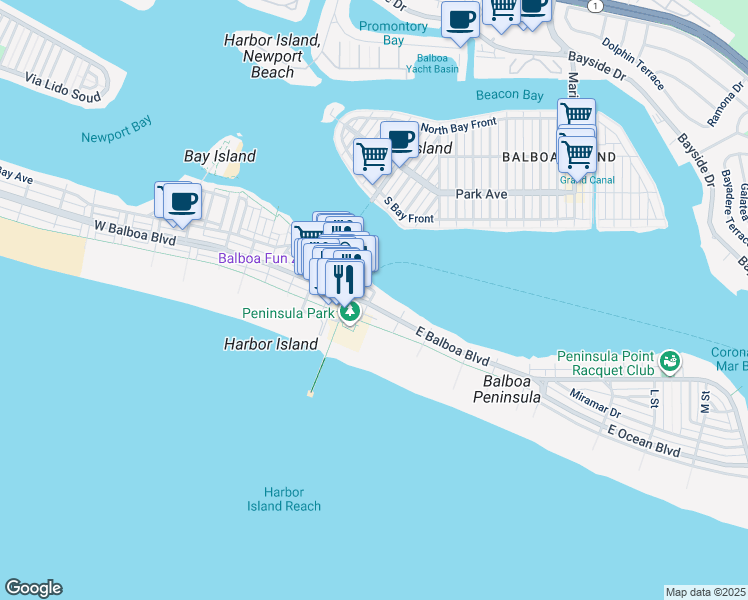 map of restaurants, bars, coffee shops, grocery stores, and more near 907 East Balboa Boulevard in Newport Beach