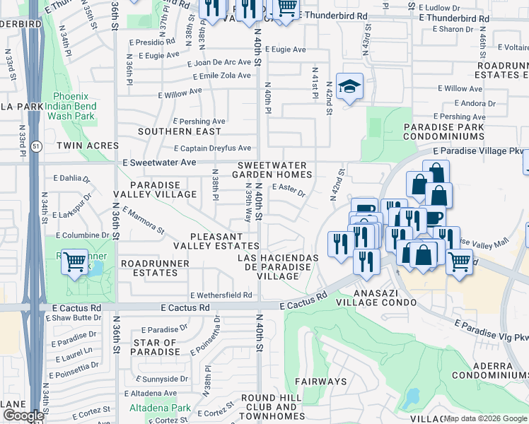 map of restaurants, bars, coffee shops, grocery stores, and more near 12621 North 39th Way in Phoenix
