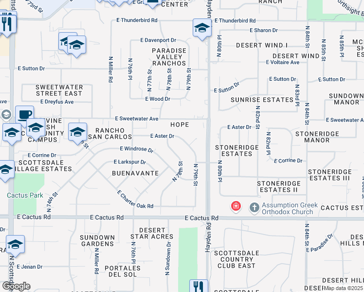 map of restaurants, bars, coffee shops, grocery stores, and more near 12630 North 79th Street in Scottsdale