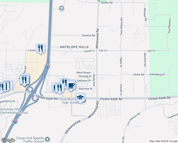 map of restaurants, bars, coffee shops, grocery stores, and more near 28399 Ware Street in Murrieta