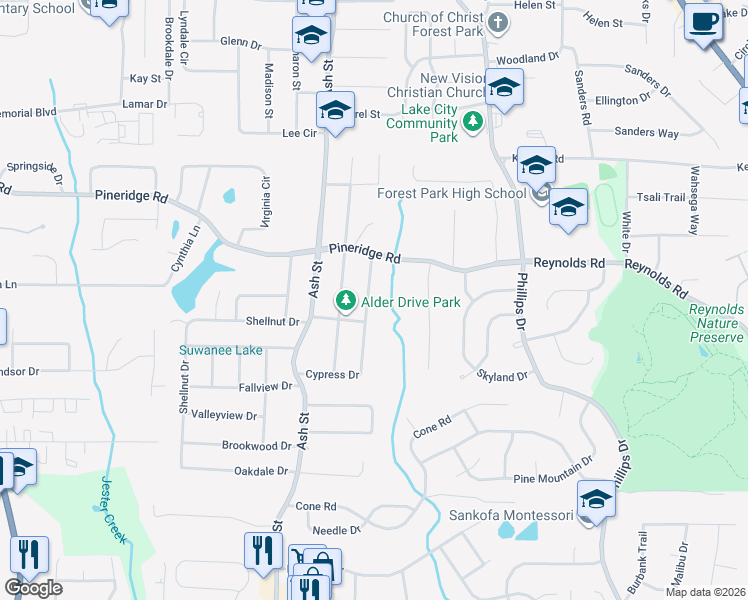 map of restaurants, bars, coffee shops, grocery stores, and more near 5588 Cypress Drive in Forest Park