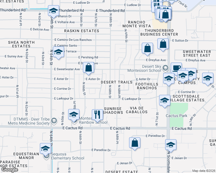 map of restaurants, bars, coffee shops, grocery stores, and more near 12627 North 68th Street in Scottsdale