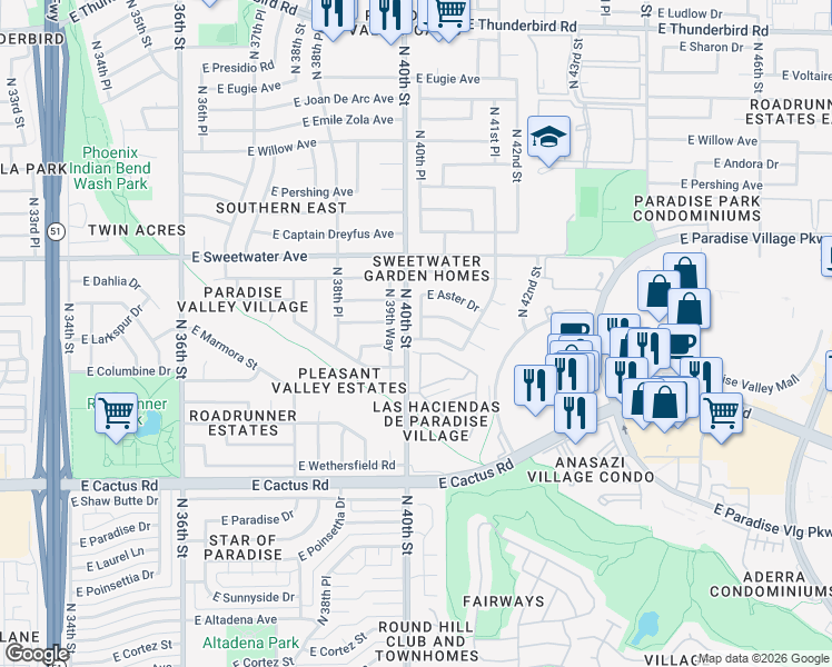 map of restaurants, bars, coffee shops, grocery stores, and more near 12621 North 39th Way in Phoenix